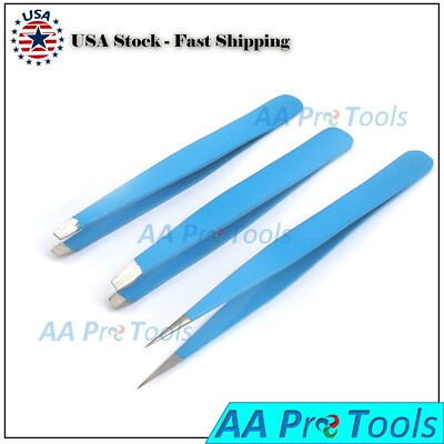 Beauty Eyelash FACIAL HAIR REMOVING Combo Fine Slanted Tip Tweezers Sky-Blue x3