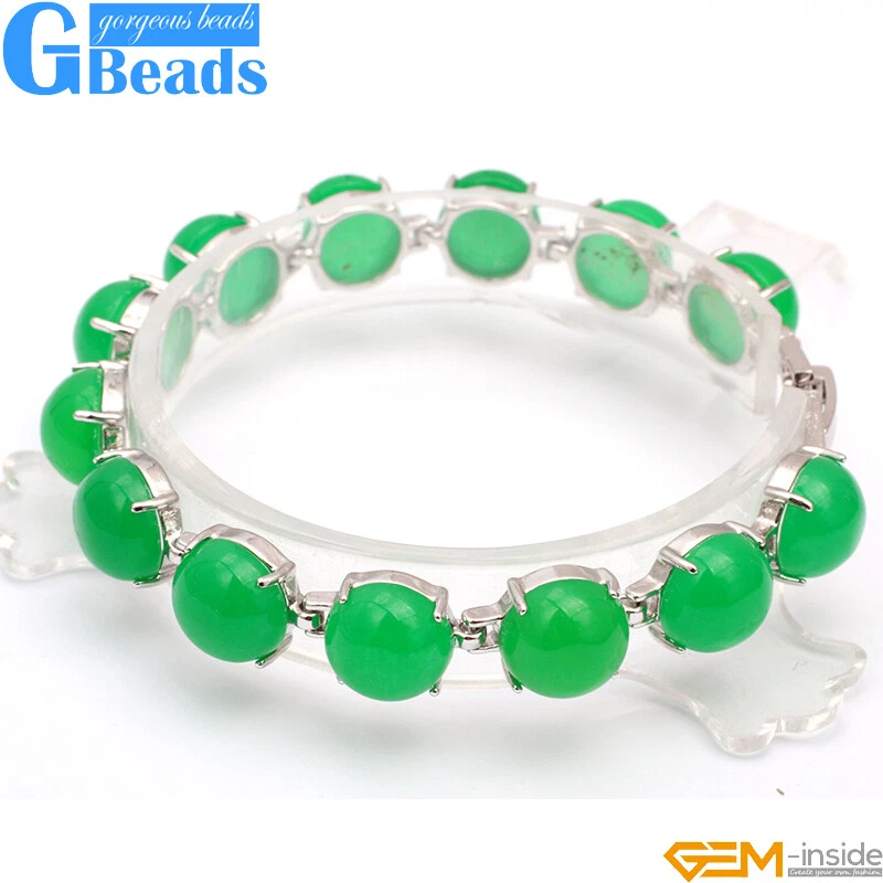 Brazalete Verde Jade Cuentas Mujer Tenis Eslabón Plata Tibetana 7" Joyería Foto 3 de 4