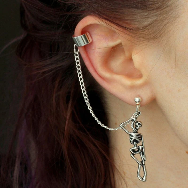Asymmetric Skull Bone Dangle Ear Cuff Chain Clip on Earrings Women
