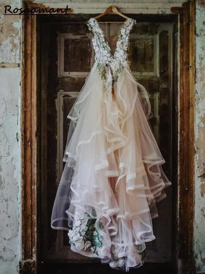 3D Floral Leaf Lace Wedding Dress Backless A-line Long Tulle Party Bridal Gowns