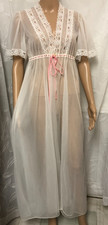 Vintage sheer Peignoir Robe Ivory Nylon 36 Lace Trim Floral Embroidered Fairy