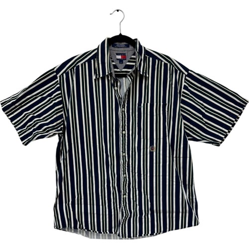 Tommy Hilfiger, Vtg Tommy Hilfiger Striped Button Up Short Sleeve Shirt Large 90s Preppy Cotton