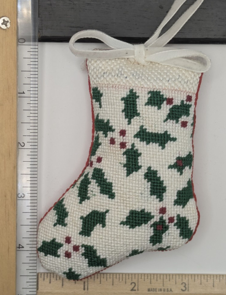 Christmas Mini Stocking Needlepoint Ornament Puffy Holly & Berry 4.5x3.25"