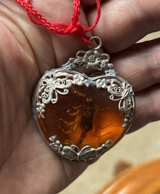 Vintage Rare Amber w/ Scorpion set in Ornate Silver Amulet Pendant  2'' x 1.75''
