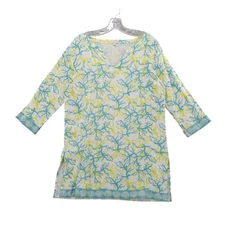 Talbots Tunic Top Cover-Up Coral Print 3/4 Sleeve V-Neck Beach White S