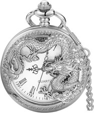 Dragon Design Quartz Pocket Watch Roman Numerals with Chain Birthdays Gifts for