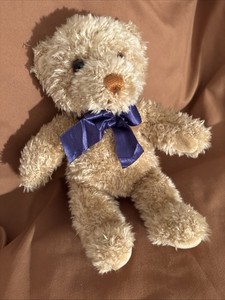 Cuddly Soft Vintage GUND Teddy Plush 9” Brown Bear With Blue Bow #4872