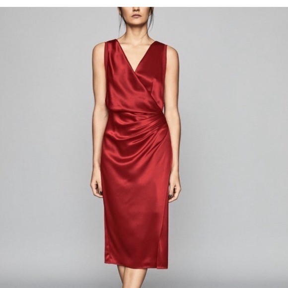 REISS Lucine Red V Neck Sleeveless Ruched Drape Midi Dress Sz8 Cocktail Romantic