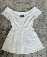 Reformation Linen Fringe White Off The Shoulder Monkey Dress 6