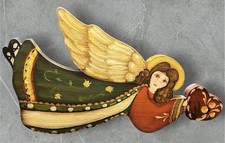 VTG Wooden Handpainted Angel FolkArt 16.5 Wall Hanging Rustic Country