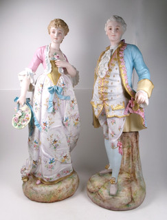LARGE PAIR OF 19TH C. FRENCH BISQUE PORCELAIN FIGURES GALLANT & LADY 48cm tall