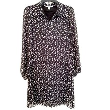 Nine West Black and White georgette collar pleated dress long sleeves  Small C