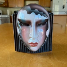 Vintage About Face Clay Art Deco Mask Vase San Francisco ~ 90s Made in USA