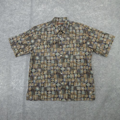 Tori Richard Hemd Herren XL braun blau geometrisches Blattmuster Hawaii Baumwolle USA