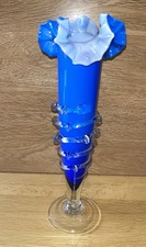 Vintage Murano Style Hand Blown Blue Glass Vase with Clear Trailing Decoration