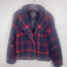 Sanctuary Blue And Red Plaid Sherpa Short Coat Sz Med Anthropologie