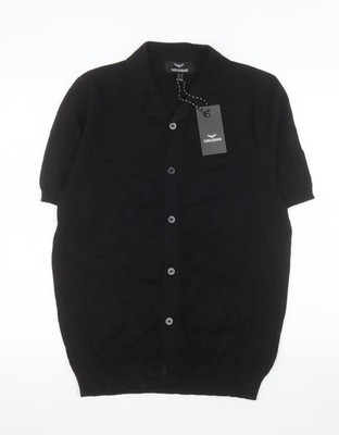 Threadbare Herren Strickhemd schwarz Baumwolle Knopfleiste Kurzarm M