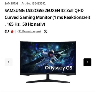 Samsung Odyssey G5 LS32CG552EUXEN 32'' QHD Curved Gaming Monitor 165Hz 1ms