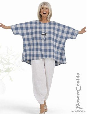 LAGENLOOK  Überwurf Tunika Shirt 46 48 50 52 54 56 58 XL-XXL-XXXL blau weiß