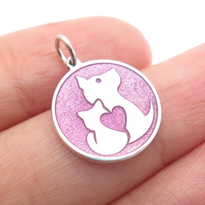 925 Sterling Silber Lila Emaille Katze & Hund Freundschaft Minimalistisch Charm Anhänger