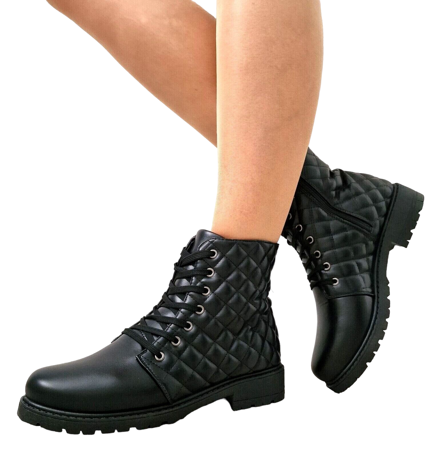 WOMENS BLACK ANKLE BOOTS LADIES ARMY COMBAT FLAT FAUX LEATHER SHOES