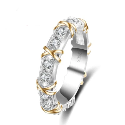 Bandring "Cross" gekreuzt vergoldet echt 925 Silber kub. Zirkonia Verlobung Lieb - Bild 1 von 3