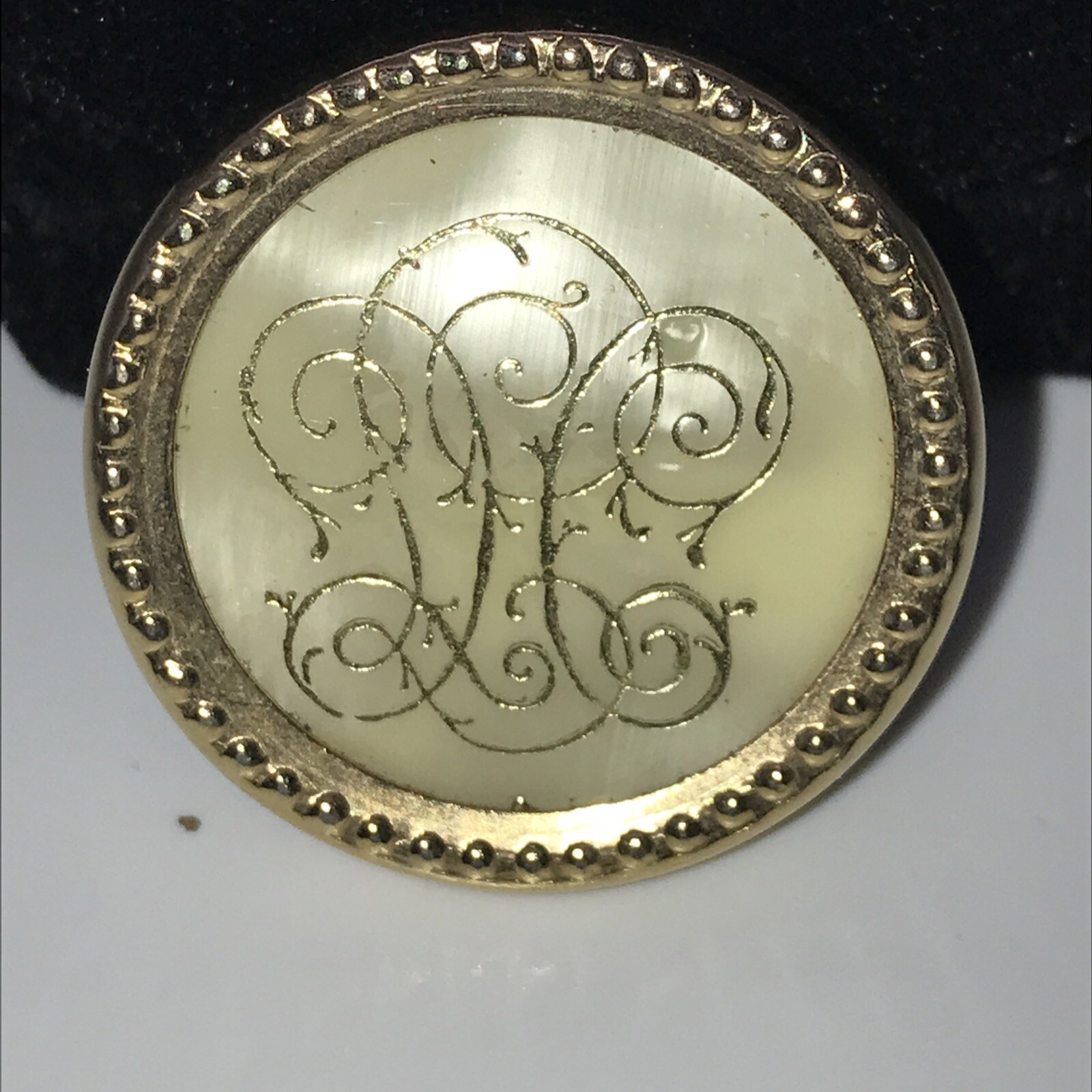 MOP Embossed Scrollwork Etched Round Goldtone Bro… - image 2