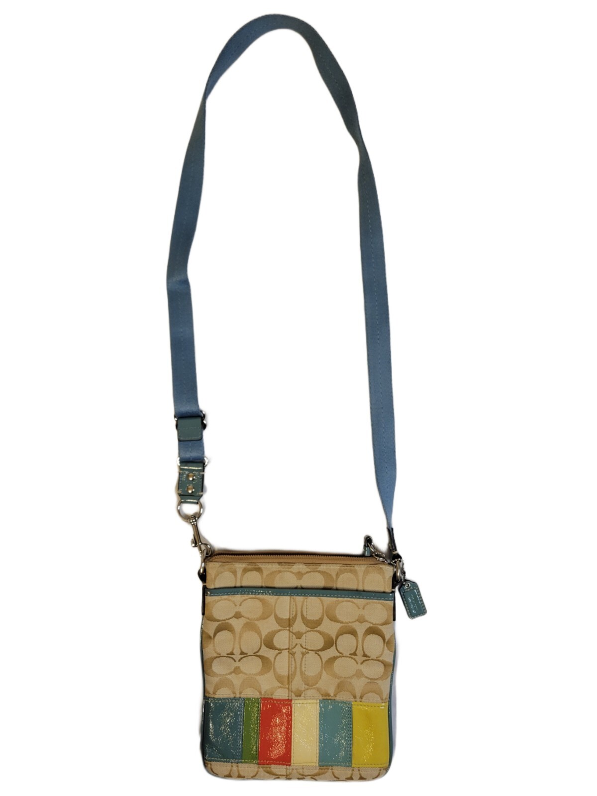 Coach Beige Blue Jacquard Hamptons Weekend Multicolor Stripe Swingpack Crossbody