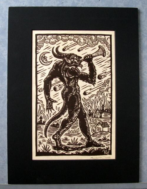 Richard Wells Linocut Art Print Signed Original - Folkloric Devil