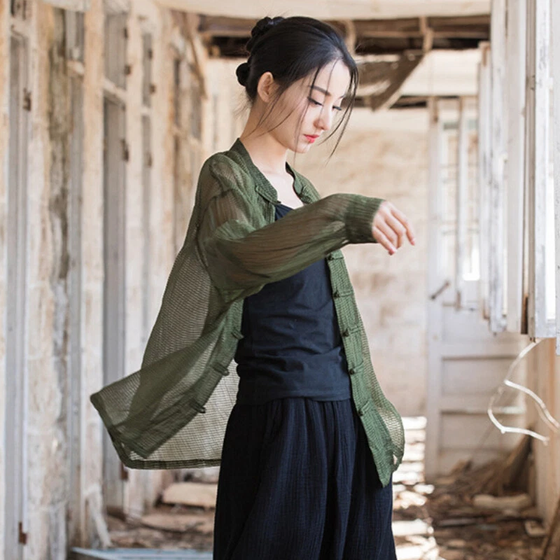 Donna Trasparente Rete Giacca Camicia Manica Lunga Pulsante Anteriore Top Estivo - Immagine 4 di 4