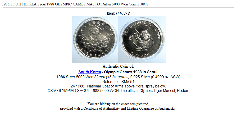 1986 SOUTH KOREA Seoul 1988 OLYMPIC GAMES MASCOT Silver 5000 Won