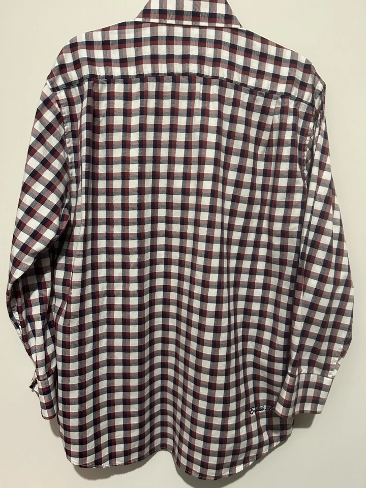 Camisa de vestir para hombre ENGLISH LAUNDRY blanca/azul/roja a cuadros con botones talla 16,5/33 Foto 3 de 4