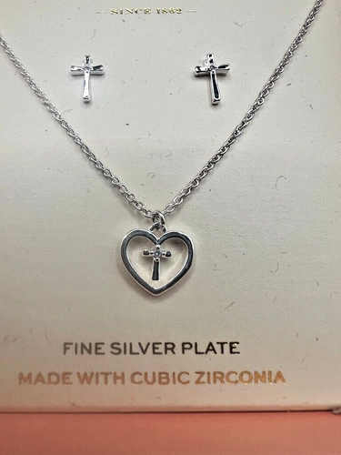 FAO Schwarz Set Collana e Orecchini Cuore Croce Bambini Piatto Argento Fine Regalo - Foto 13 di 15
