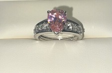 Ring 925 Sterling Silver Pear Shape Pink Stone Solitaire  8 Clear Stones Size 8