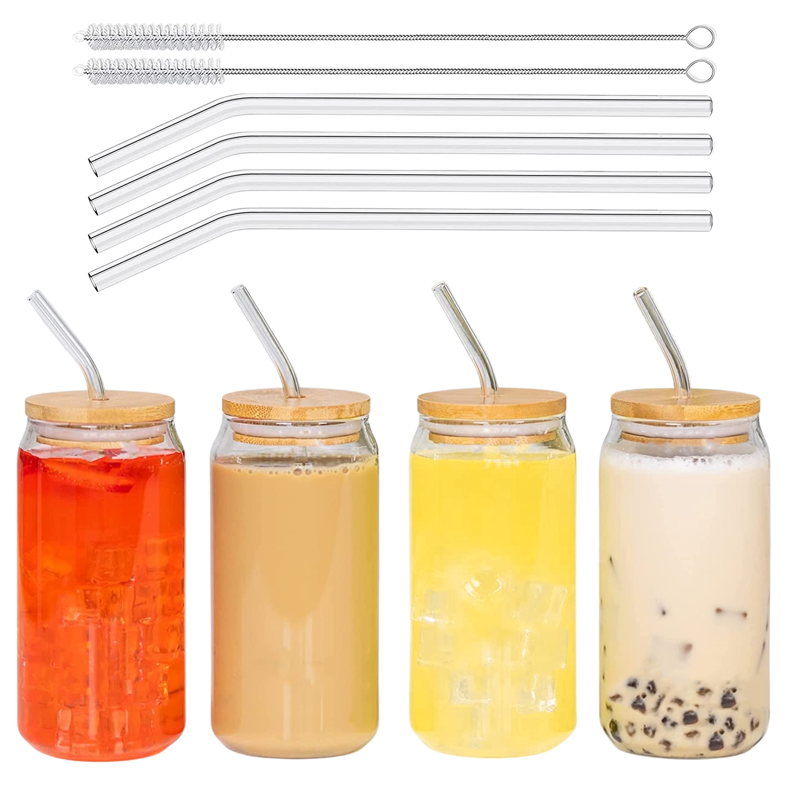 Omes 16oz Drinking Glass Cups With Bamboo Lids And Straws Set Of 4 Can ...