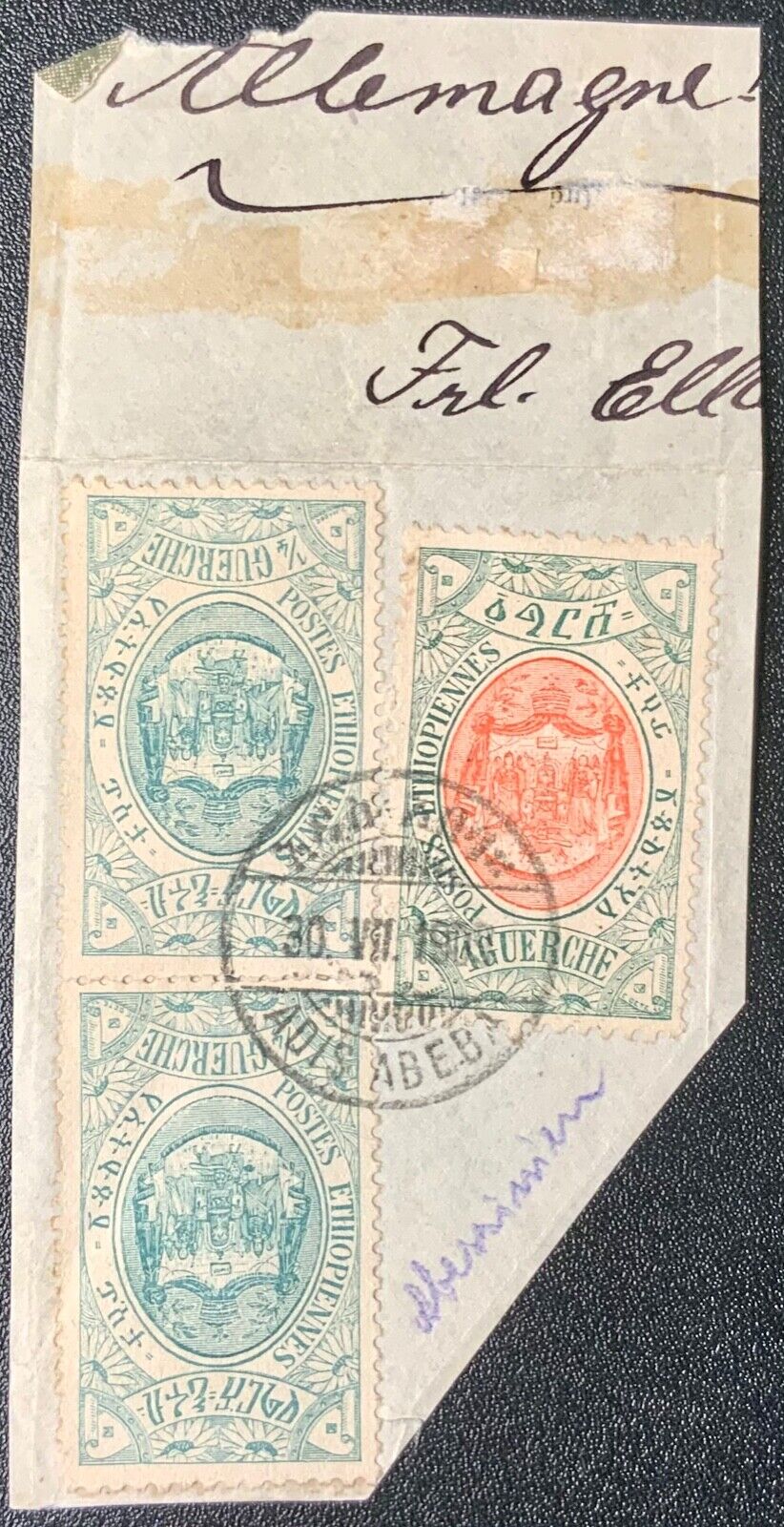 Ethiopia #Mi40//Mi42 Used on Piece Adis Abeba-Germany CDS 30.VII.1909 [87//89]