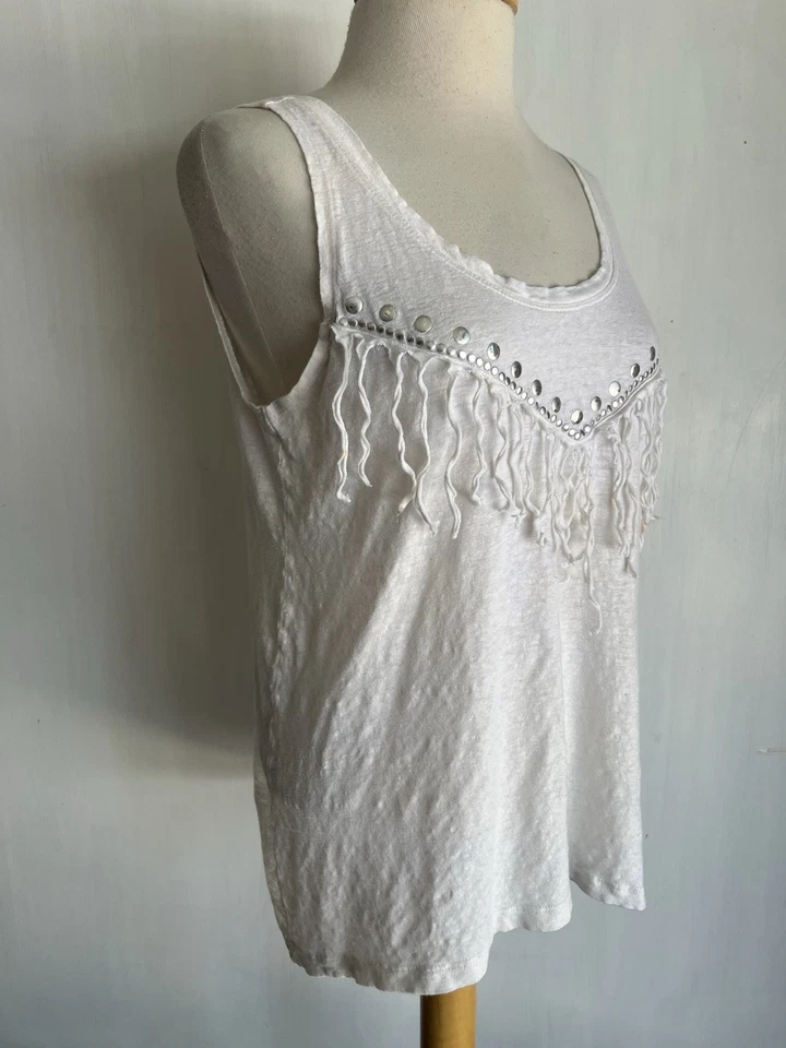 Camiseta sin mangas REBECCA MINKOFF oficial para mujer 100 % lino tachonado borla talla mediana Foto 3 de 4