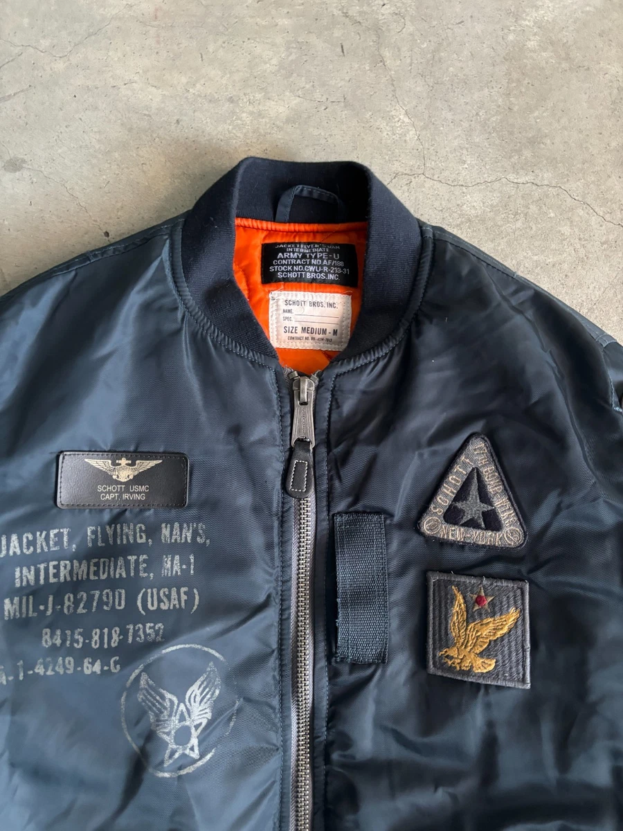 Chaqueta de vuelo de bombardero Schott NYC MA-1 azul marino parches de aviación militar naranja