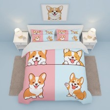 Cartoon Dog Queen Size Duvet Cover Doggy Corgi Faily Pet Bedding Set 3pcs for...