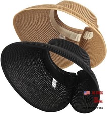 2Pcs Foldable Straw Sun Visor Hats,Wide Brim Ponytail Summer Beach Black Beige