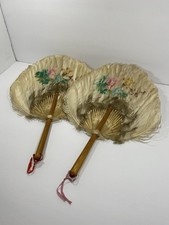 Antique Victorian Hand Painted Feathers Floral Bird Design Wood Handle Hand Fans