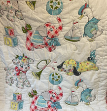 Vintage Baby Quilt Crib Blanket Elephant Duck Lamb Sailboat Print Nautical MCM