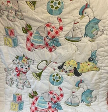 Vintage Baby Quilt Crib Blanket Elephant Duck Lamb Sailboat Print Nautical MCM