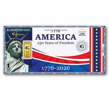 Goldnote® 1 Gram .9999 Gold Bar Note 250 Years of Freedom-Pre-Sale 4463.66 per troy oz
