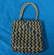 Handwoven Woven Palm Leaf Mini Tote Basket Bag Black Natural 4.5" x 4"