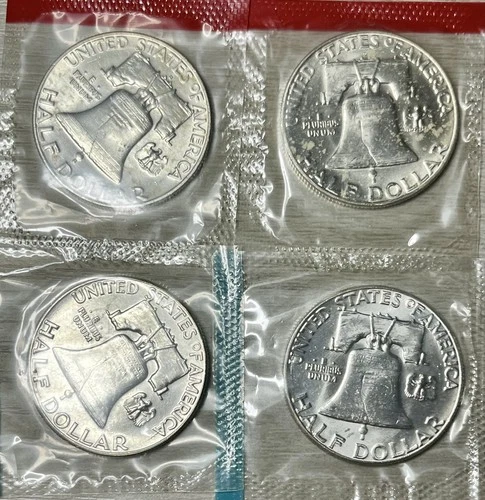 Lot of 4 (2) 1963-P  (2) 1963-D 90% silver UNCIRCULATED Franklin halve dollar