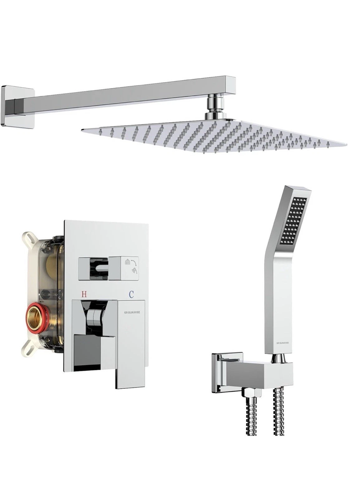 SR SUN RISE Polished Chrome 10 Inch Square Rainfall Wall Mounted Shower System