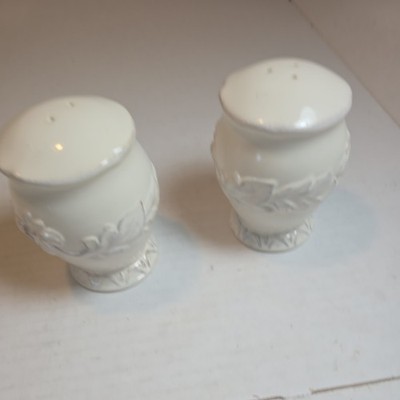 Large Ceramic Salt & Pepper Shakers In Ivory Color with A Flower Design.