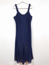 Faith Fashions Navy Beaded Dress Women 14W Bias Cut Midi Evening Slip Style