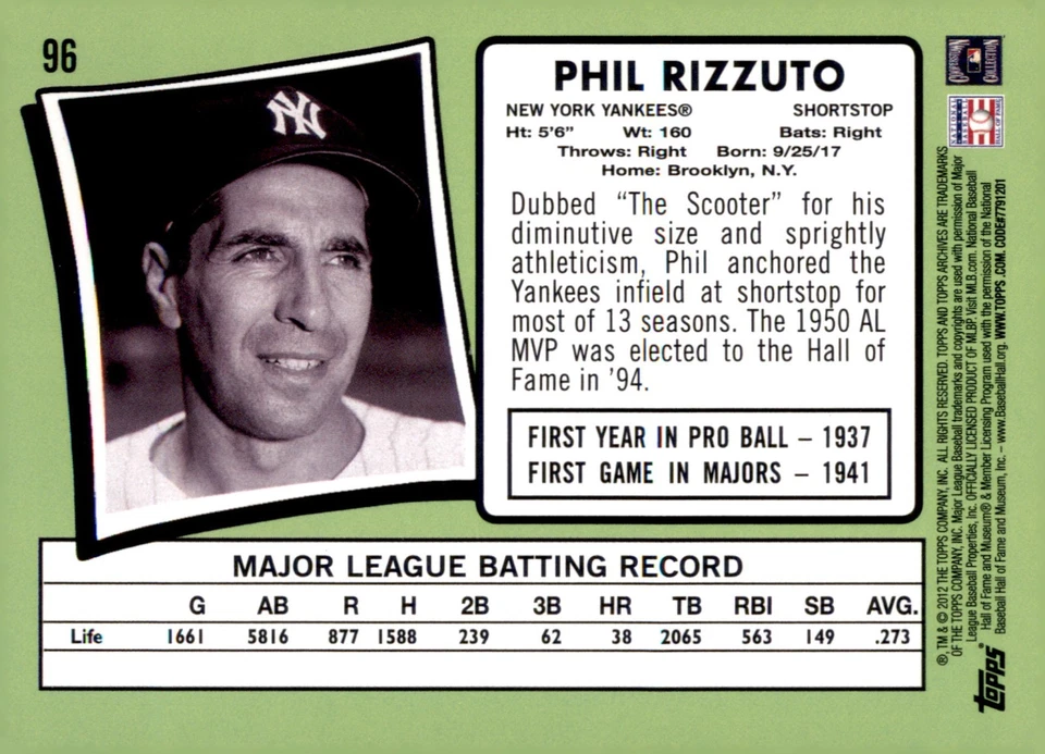 2012 Topps Archives - Phil Rizzuto #96 - Image 2 of 2